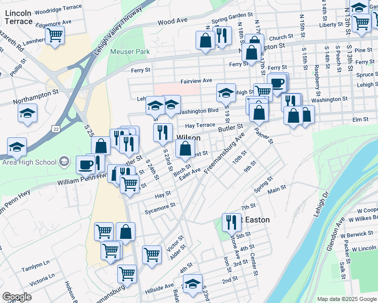 map of restaurants, bars, coffee shops, grocery stores, and more near 2115 Forest Street in Easton