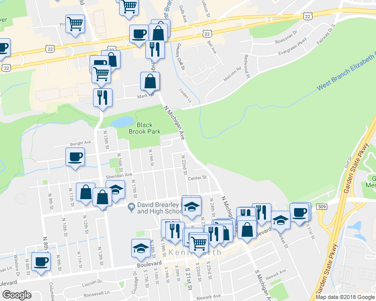 map of restaurants, bars, coffee shops, grocery stores, and more near 401 North Michigan Avenue in Kenilworth