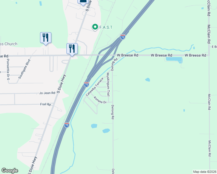 map of restaurants, bars, coffee shops, grocery stores, and more near 235 Muskingum Trail in Fort Shawnee