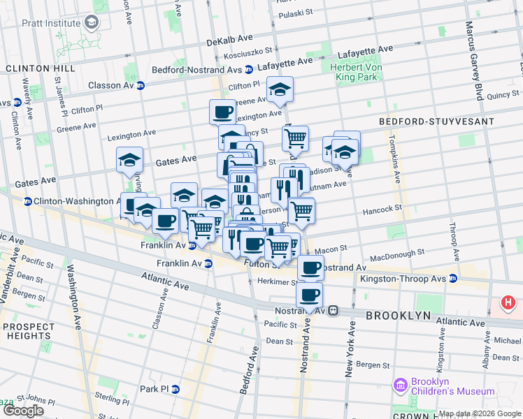 map of restaurants, bars, coffee shops, grocery stores, and more near 103 Jefferson Avenue in Brooklyn