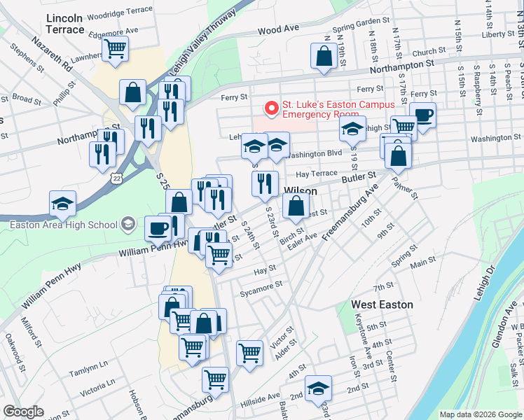 map of restaurants, bars, coffee shops, grocery stores, and more near 2318 Butler Street in Easton