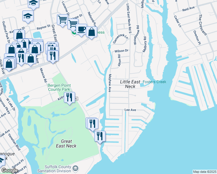 map of restaurants, bars, coffee shops, grocery stores, and more near 120 Mayhew Avenue in Babylon