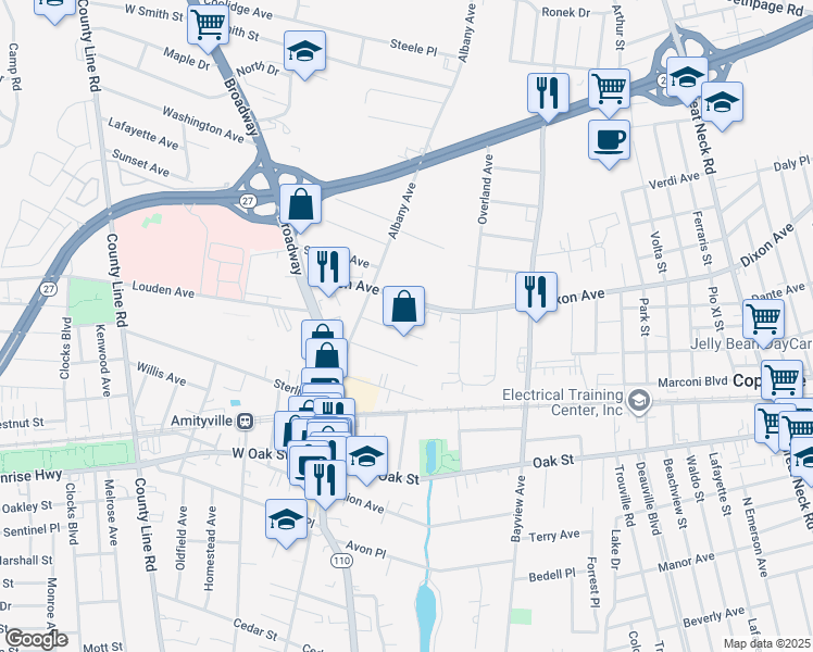 map of restaurants, bars, coffee shops, grocery stores, and more near 34 Elm Place in Amityville