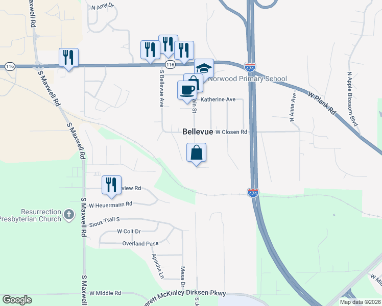 map of restaurants, bars, coffee shops, grocery stores, and more near 535 South Main Street in Bellevue