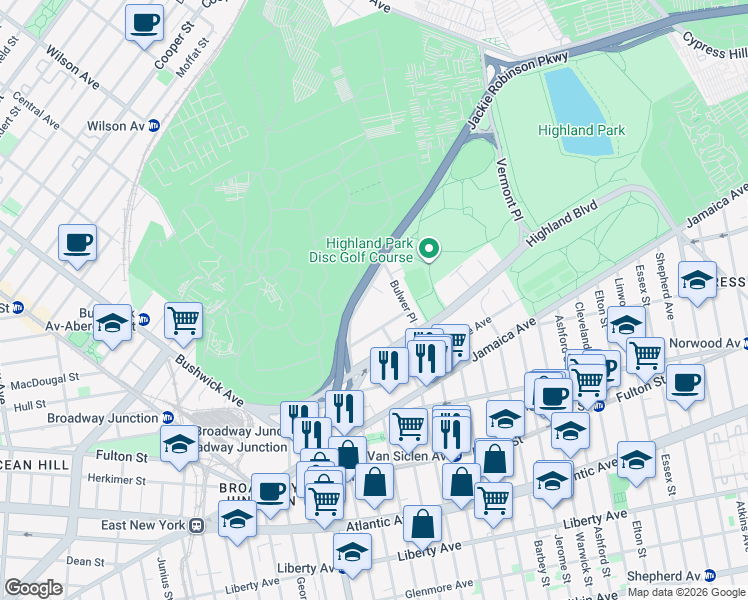 map of restaurants, bars, coffee shops, grocery stores, and more near 18 Vermont Court in Brooklyn