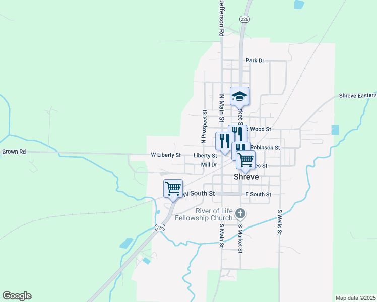 map of restaurants, bars, coffee shops, grocery stores, and more near 350 Liberty Street in Shreve