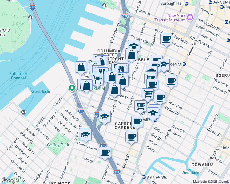 map of restaurants, bars, coffee shops, grocery stores, and more near 159 President Street in Brooklyn