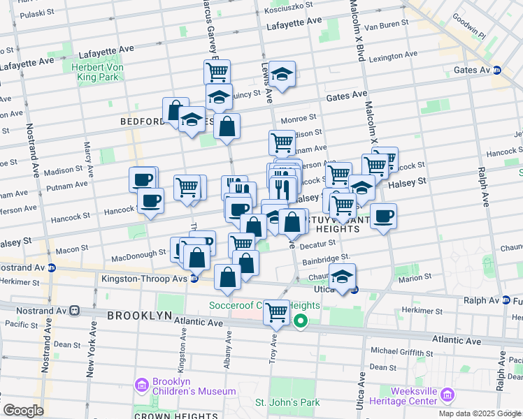 map of restaurants, bars, coffee shops, grocery stores, and more near 432 Halsey Street in Brooklyn