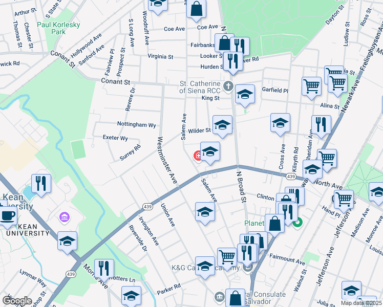 map of restaurants, bars, coffee shops, grocery stores, and more near 843 Salem Avenue in Hillside