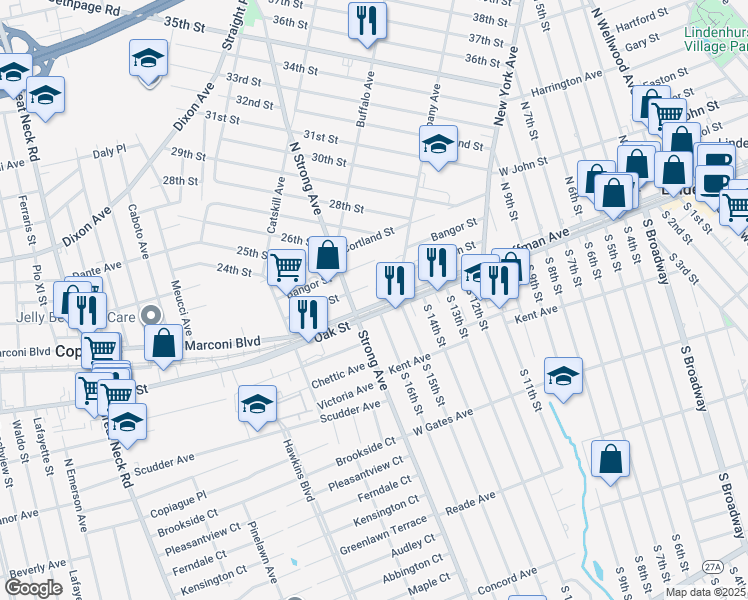map of restaurants, bars, coffee shops, grocery stores, and more near 640 West Hoffman Avenue in Lindenhurst