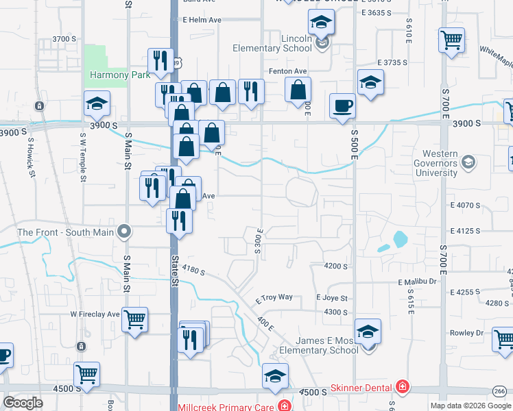 map of restaurants, bars, coffee shops, grocery stores, and more near 4072 South 300 East in Millcreek