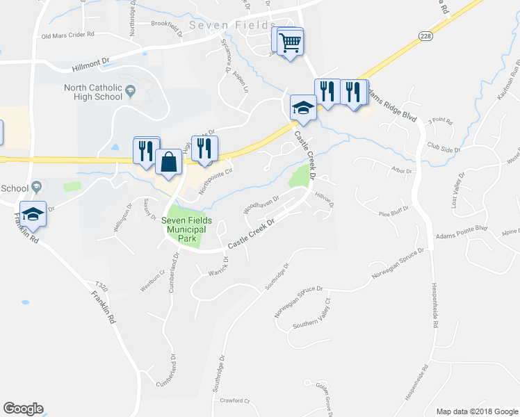 map of restaurants, bars, coffee shops, grocery stores, and more near 144 Woodhaven Drive in Seven Fields