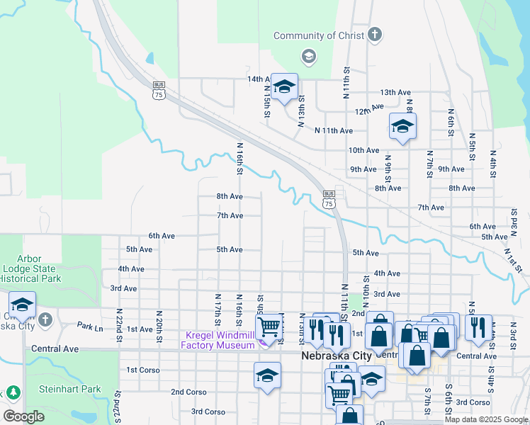 map of restaurants, bars, coffee shops, grocery stores, and more near 714 North 15th Street in Nebraska City