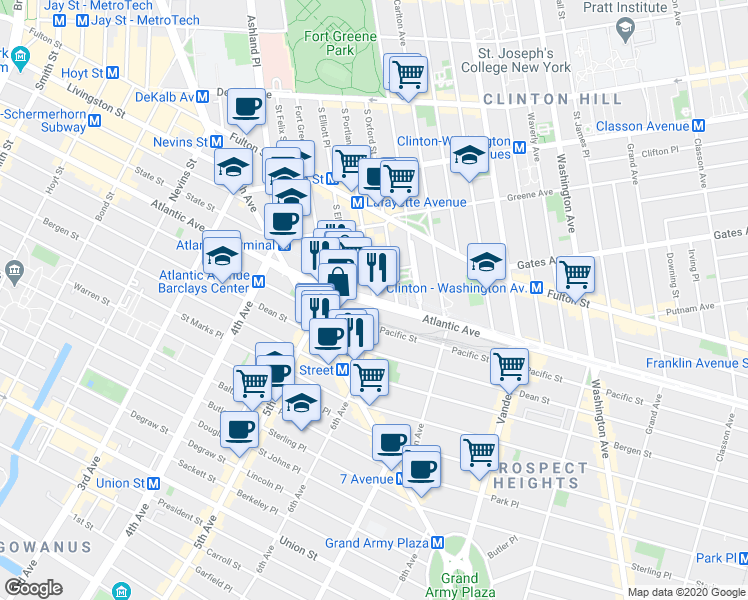 map of restaurants, bars, coffee shops, grocery stores, and more near Atlantic Ave & S Portland Ave in Brooklyn
