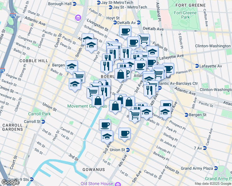 map of restaurants, bars, coffee shops, grocery stores, and more near 180 Nevins Street in Brooklyn