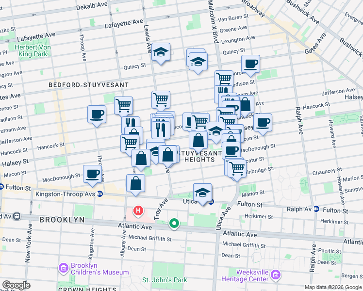 map of restaurants, bars, coffee shops, grocery stores, and more near 455 Macon Street in Brooklyn