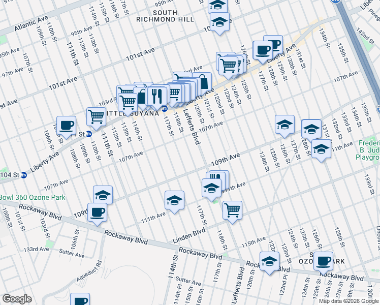 map of restaurants, bars, coffee shops, grocery stores, and more near 107-36 118th Street in Queens