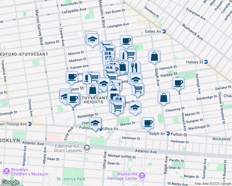 map of restaurants, bars, coffee shops, grocery stores, and more near 275A Malcolm X Boulevard in Brooklyn
