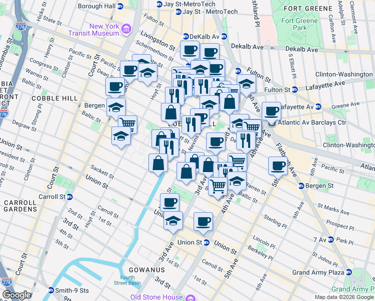 map of restaurants, bars, coffee shops, grocery stores, and more near 180 Nevins Street in Brooklyn