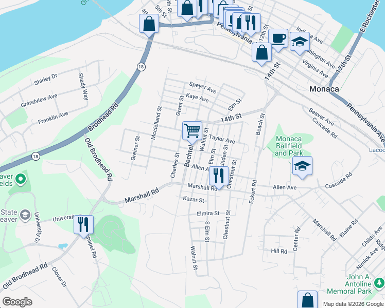 map of restaurants, bars, coffee shops, grocery stores, and more near 1108 Bechtel Street in Monaca