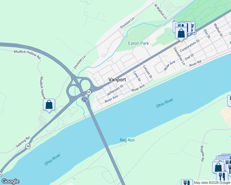 map of restaurants, bars, coffee shops, grocery stores, and more near 129 Vine Street in Beaver