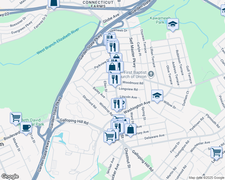 map of restaurants, bars, coffee shops, grocery stores, and more near 188 Leo Place in Union