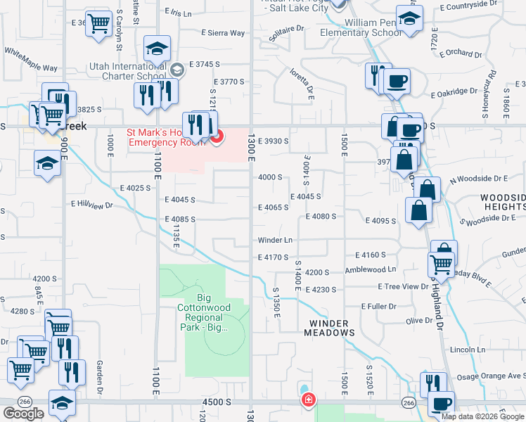 map of restaurants, bars, coffee shops, grocery stores, and more near 1326 East 4065 South in Millcreek