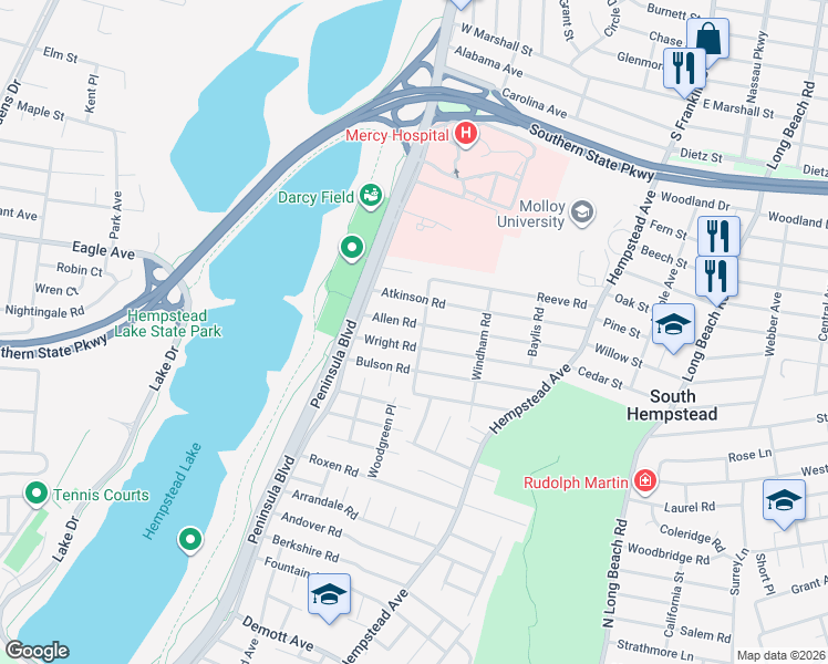 map of restaurants, bars, coffee shops, grocery stores, and more near 50 Allen Road in Rockville Centre
