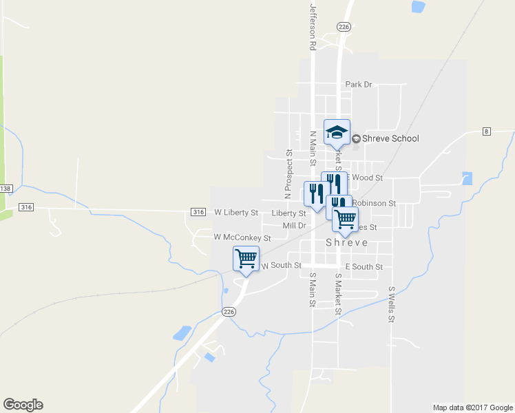 map of restaurants, bars, coffee shops, grocery stores, and more near 402 Liberty Street in Shreve