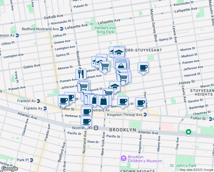map of restaurants, bars, coffee shops, grocery stores, and more near 231 Hancock Street in Brooklyn