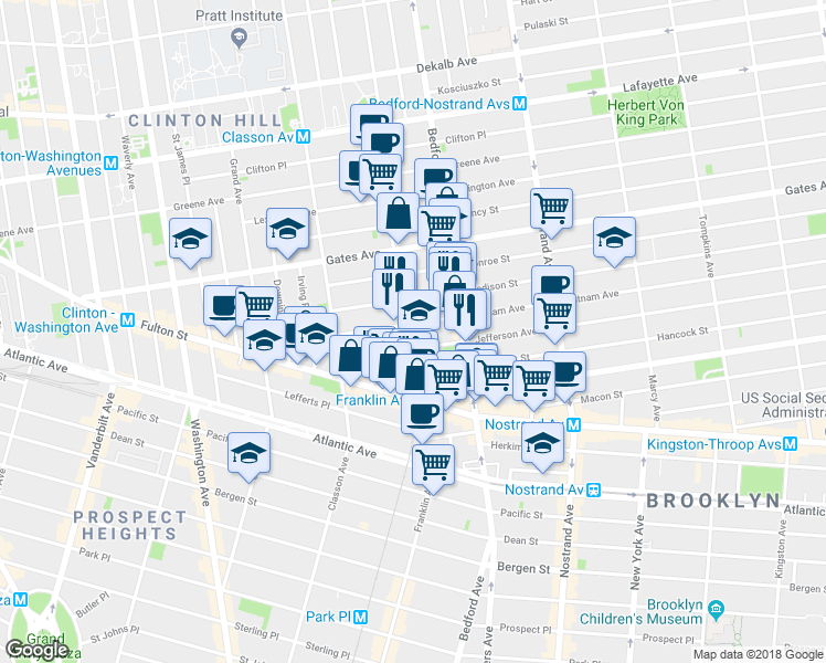 map of restaurants, bars, coffee shops, grocery stores, and more near 457 Franklin Avenue in Brooklyn