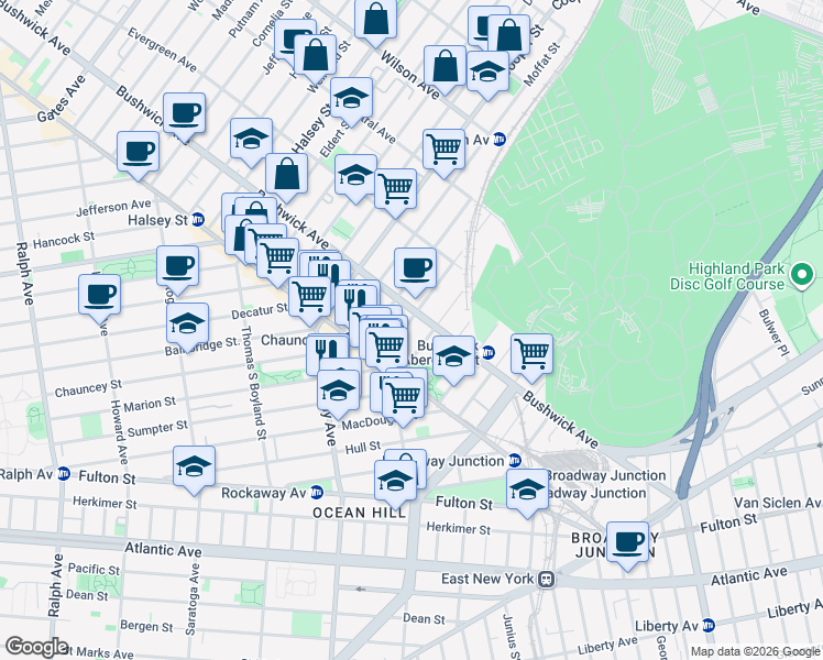 map of restaurants, bars, coffee shops, grocery stores, and more near 32 Pilling Street in Brooklyn