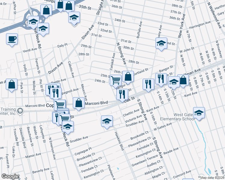 map of restaurants, bars, coffee shops, grocery stores, and more near Wartburg Avenue in Copiague