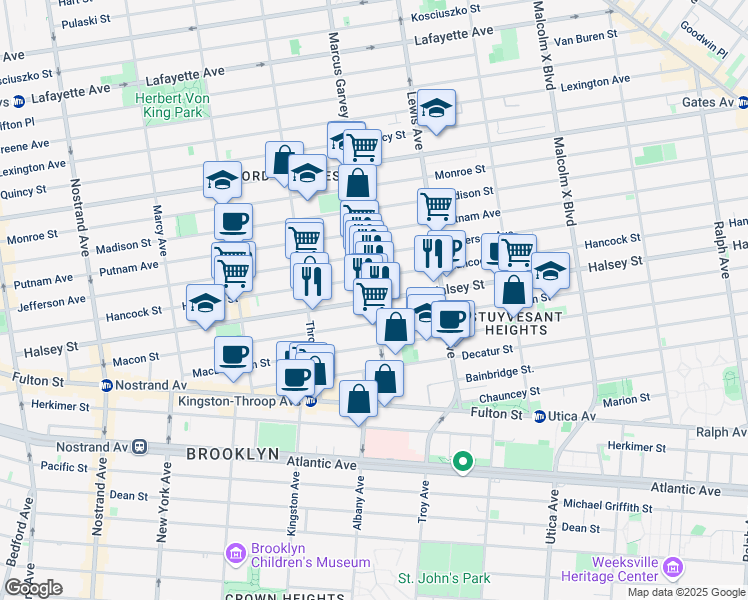 map of restaurants, bars, coffee shops, grocery stores, and more near Halsey St & Marcus Garvey Blvd in Brooklyn