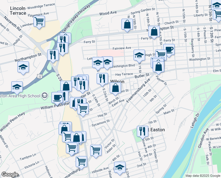 map of restaurants, bars, coffee shops, grocery stores, and more near 611 South 22nd Street in Easton