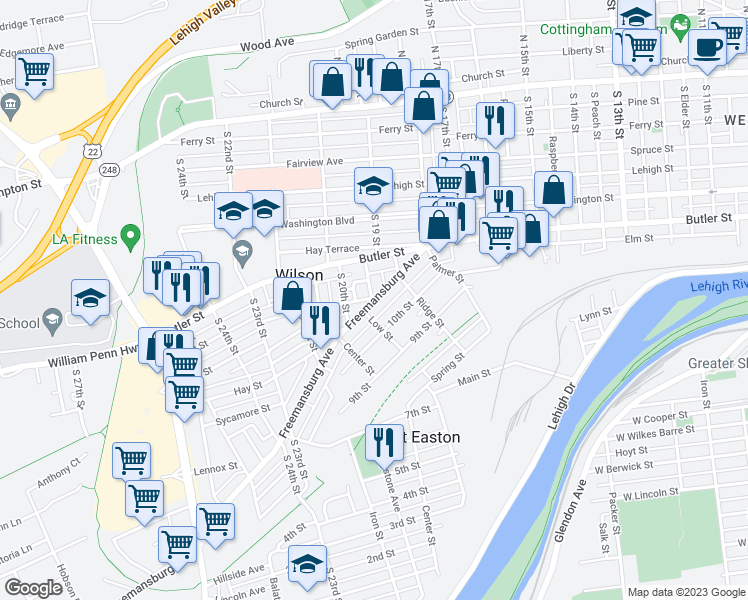 map of restaurants, bars, coffee shops, grocery stores, and more near 1898 Freemansburg Avenue in Easton