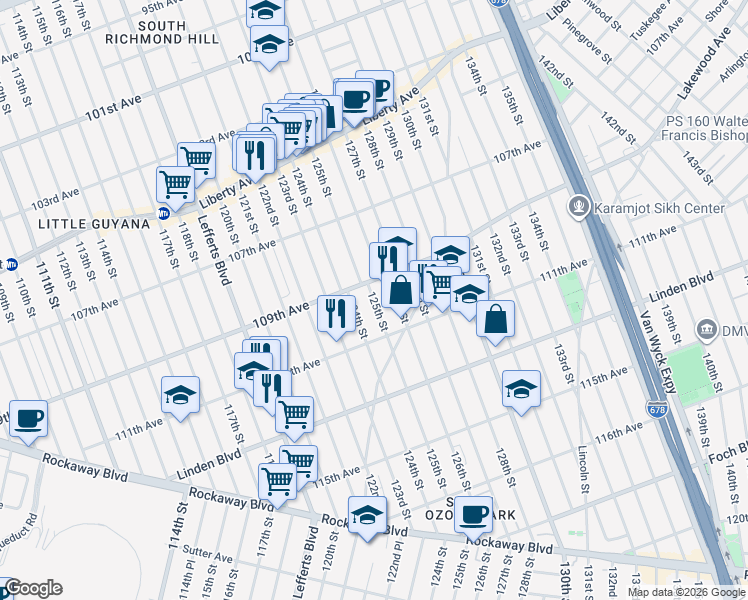 map of restaurants, bars, coffee shops, grocery stores, and more near 109-23 125th Street in Queens