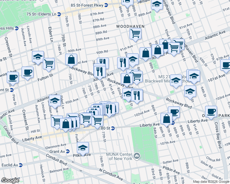 map of restaurants, bars, coffee shops, grocery stores, and more near 95-31 81st Street in Queens