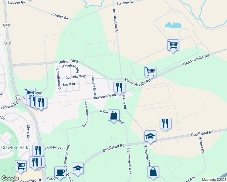 map of restaurants, bars, coffee shops, grocery stores, and more near 5323 Glory Way in Bethlehem