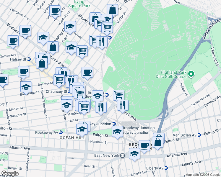 map of restaurants, bars, coffee shops, grocery stores, and more near 88 Aberdeen Street in Brooklyn