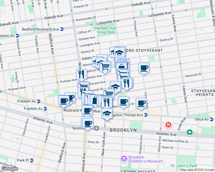 map of restaurants, bars, coffee shops, grocery stores, and more near 231 Hancock Street in Brooklyn