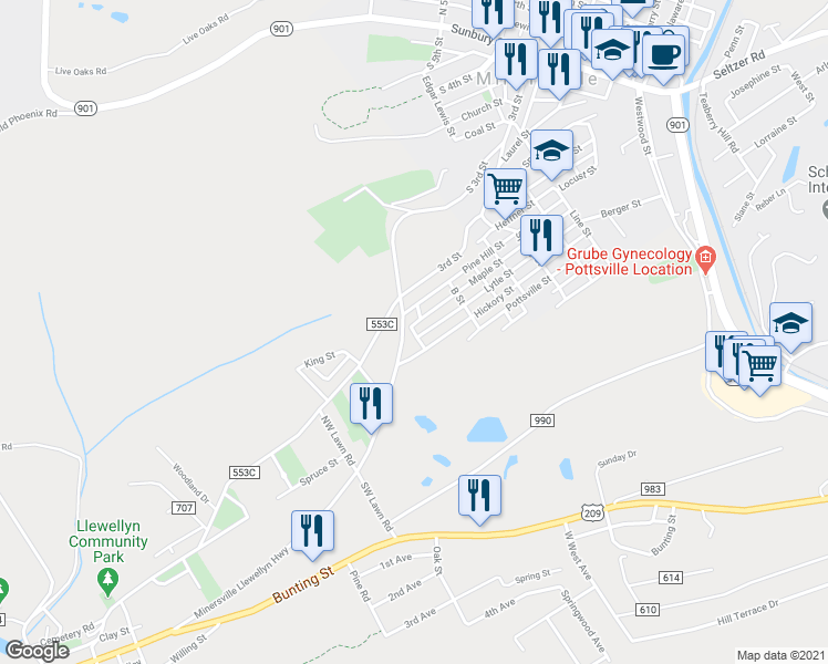 map of restaurants, bars, coffee shops, grocery stores, and more near 713 Maple Street in Minersville