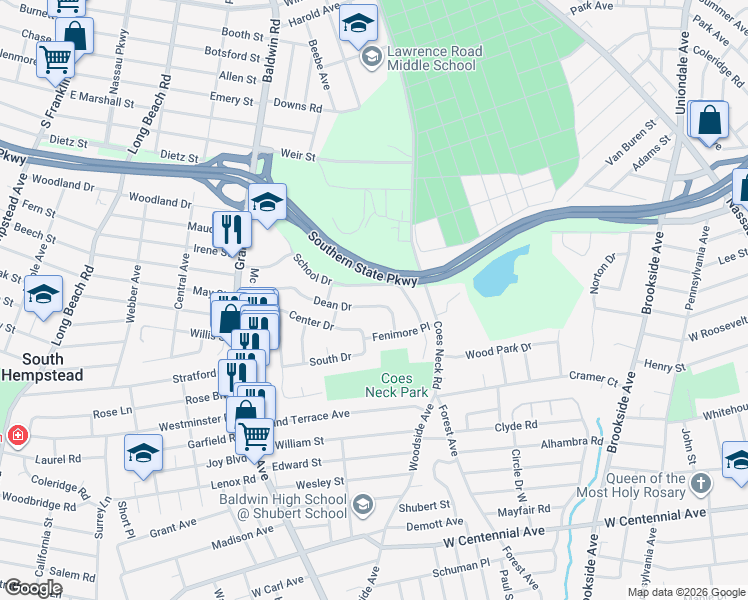 map of restaurants, bars, coffee shops, grocery stores, and more near 845 Dean Drive in Baldwin