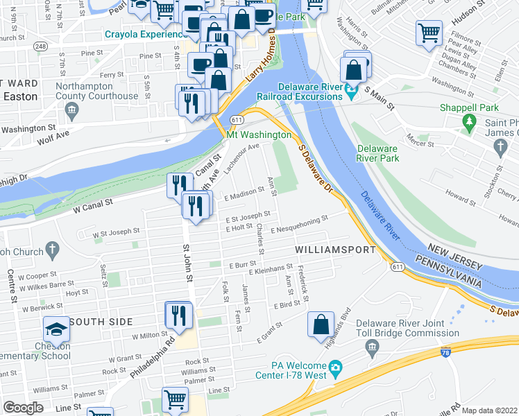map of restaurants, bars, coffee shops, grocery stores, and more near 234 Charles Street in Easton