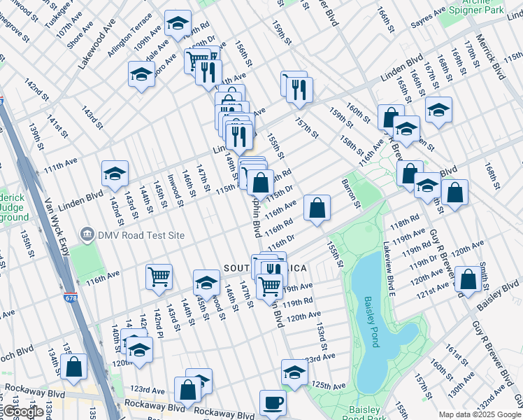 map of restaurants, bars, coffee shops, grocery stores, and more near 115-75 Sutphin Boulevard in Queens