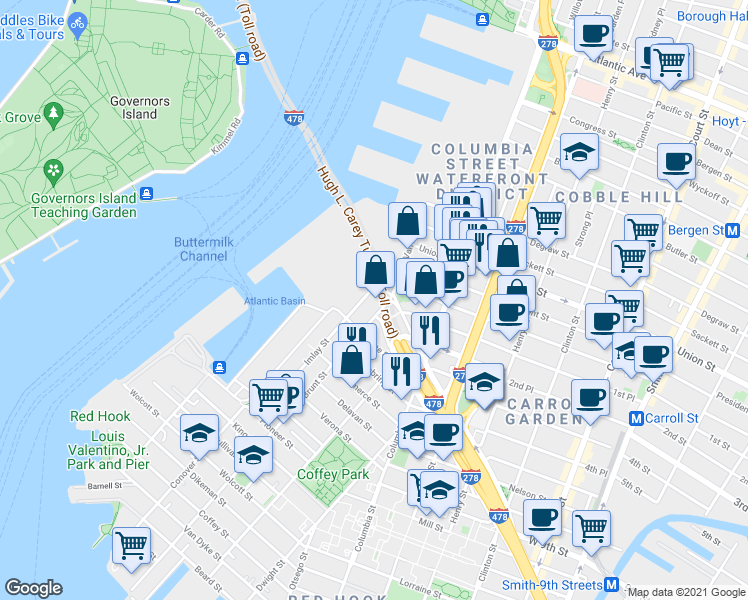 map of restaurants, bars, coffee shops, grocery stores, and more near 128 Van Brunt Street in Brooklyn