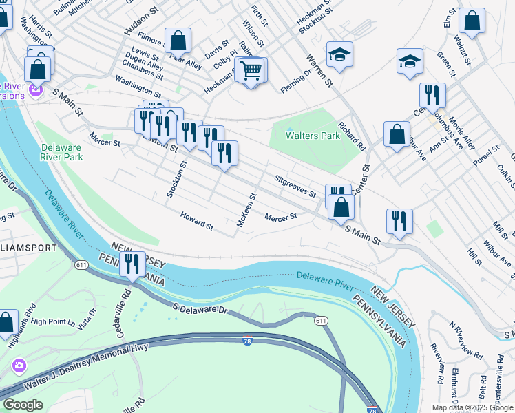 map of restaurants, bars, coffee shops, grocery stores, and more near 323 Mercer Street in Phillipsburg