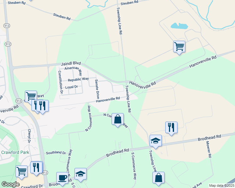map of restaurants, bars, coffee shops, grocery stores, and more near 5323 Glory Way in Bethlehem