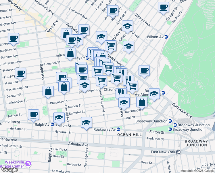 map of restaurants, bars, coffee shops, grocery stores, and more near 593 Bainbridge Street in Brooklyn