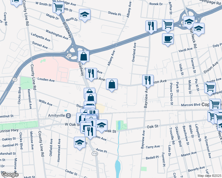 map of restaurants, bars, coffee shops, grocery stores, and more near 34 Elm Pl in Amityville